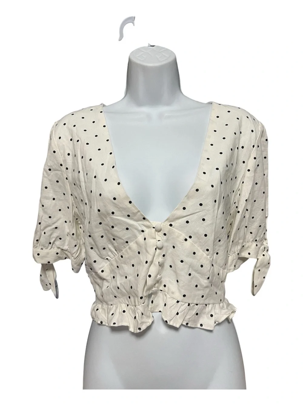 Zara White Polka Dot Tie-Front Puff Sleeve Top size Large